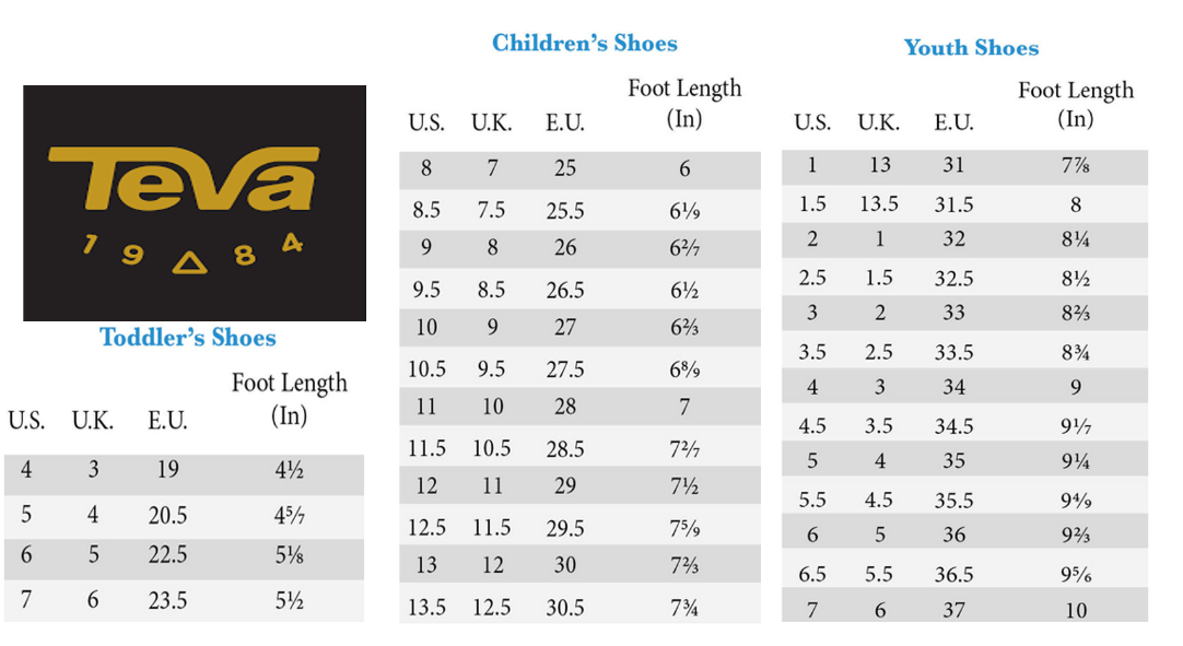 Teva shoe size chart hotsell